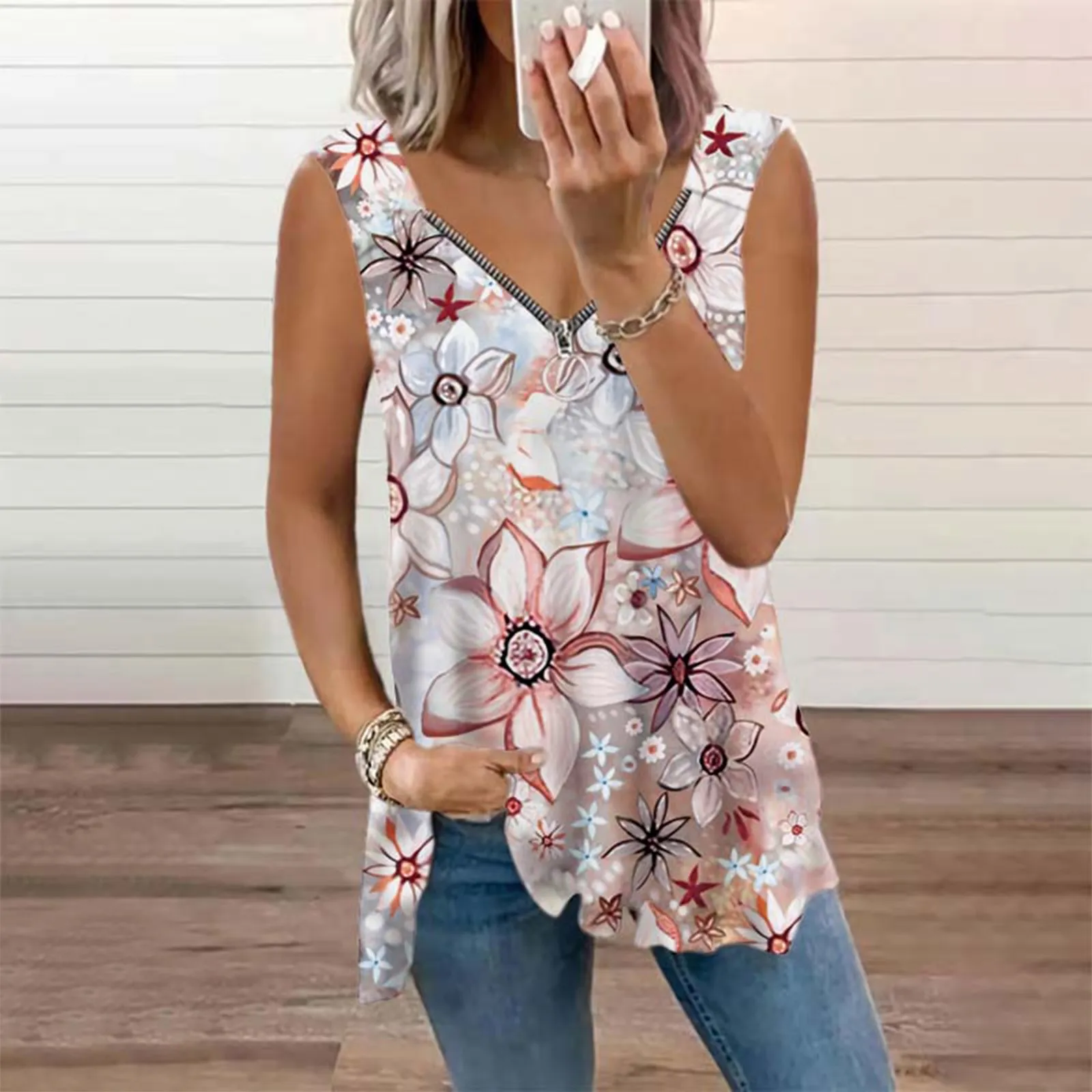 

Женская рубашка с V-образным вырезом, без рукавов, на молнии