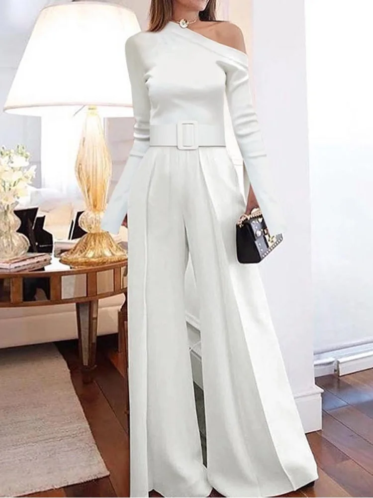 

Elegant Skew Collar Long Sleeve Office Jumpsuit Summer Casual Solid Party Playsuit Overall Women Fashion Waist Belt Long Romper