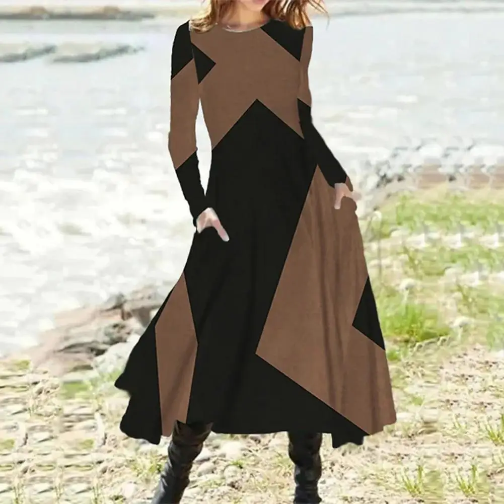 

Women Dress Vintage Patchwork Round Neck Ethnic Style Party Dresses Long Sleeves Warm A-line Pocket Autumn Dress Female Clothing