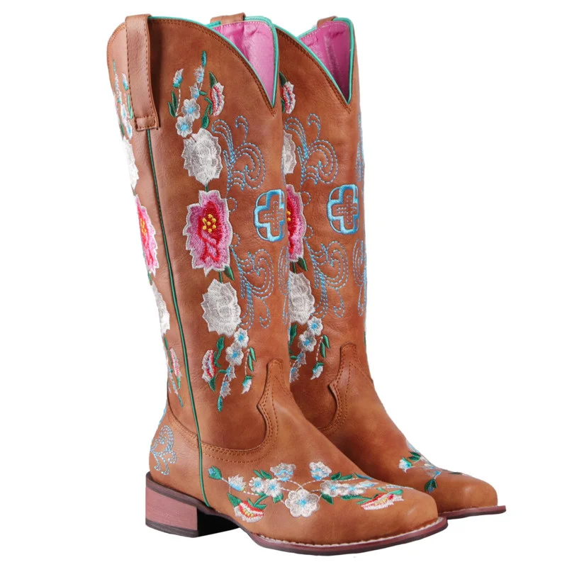 

PU Leather Mid-calf High Western Cowboy Boots Embroidered Print Riding Boot Retro Autumn Winter Fashion New Women's Hiking Shoes