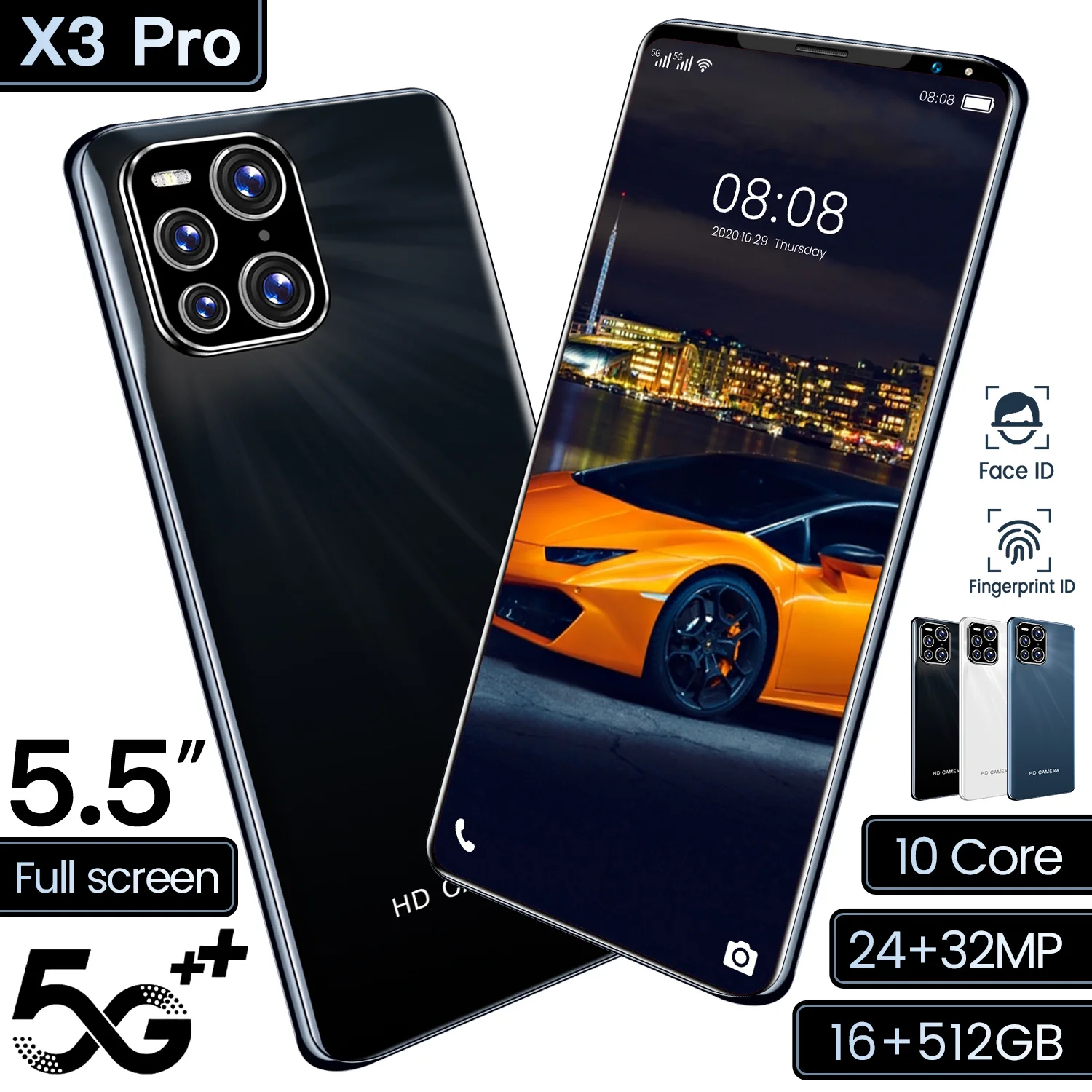 

X3pro 5.5Inch MTK6889 CPU 24MP+32MP 5600mAH Android 2340x1080 Smartphone Unlocked Global Version Fullscreen Dual Card Cellphone