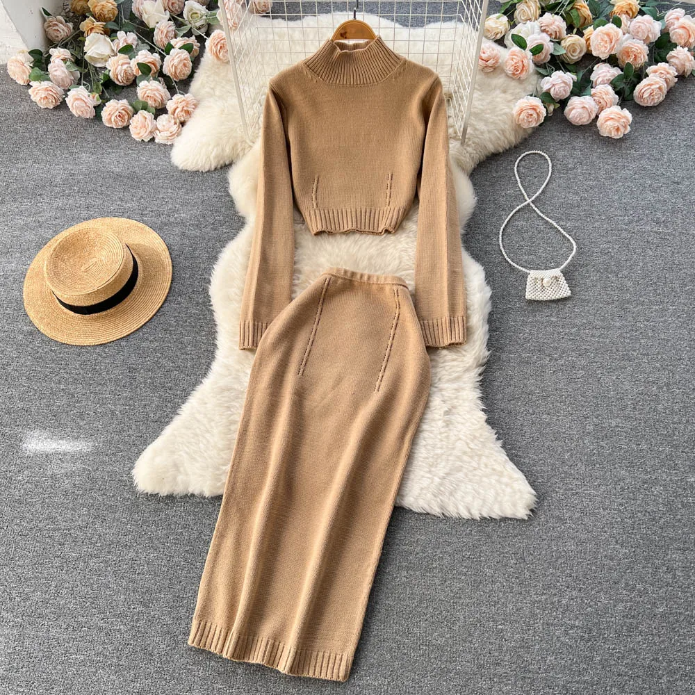 

Knitting Two Piece Sets Womens Outifits White Women Long Sleeve Stand Collar Crop Tops+Elastic Waist Slit Skirts Dropshipping