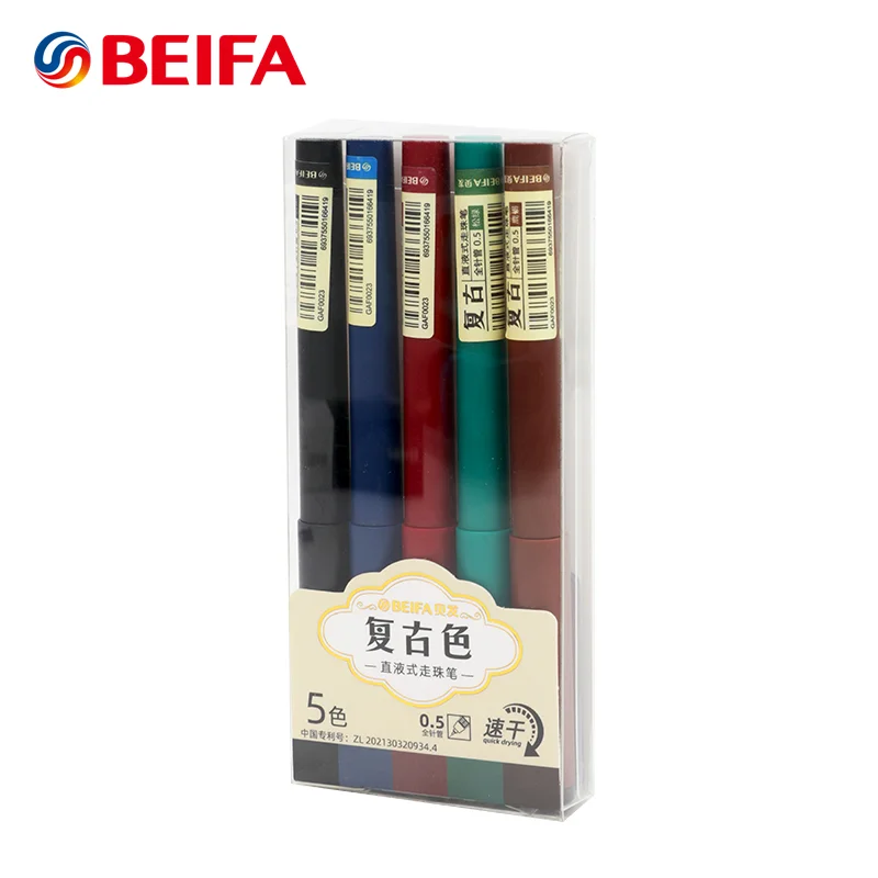 

BEIFA 5pcs Vintage Color Gel Ink Pen Ballpoint Pens Roller Ball Pen Quick Drying Needle Tip 0.5mm for School Supplies Students