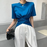 blue cross irregular womens t shirt fashion woman blouses 2022 summer round neck korean fashion short sleeved t shirt top women