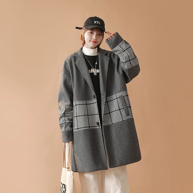

YASUGUOJI Winter Women Checked Jacket Casual Turn Down Collar Plaid Long Coat Female Oversized Thick Warm Woolen Blends Overcoat