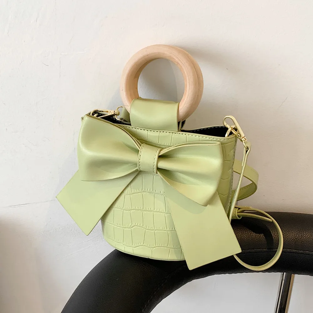 

Burminsa Kawaii Bow Knot Bucket Mini Women Handbags Trends 2022 Wooden Ring Stone Pattern Fashion Ladies Shoulder Crossbody Bags