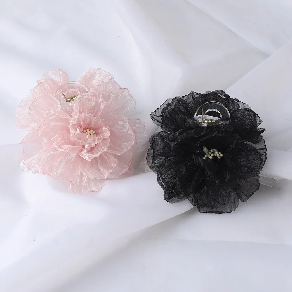 

New Organza Flower Big Hair Claws Clips Women Girls Spring Chiffon Barrette Hair Clamps Elegant Ponytail Holder Hair Accessories