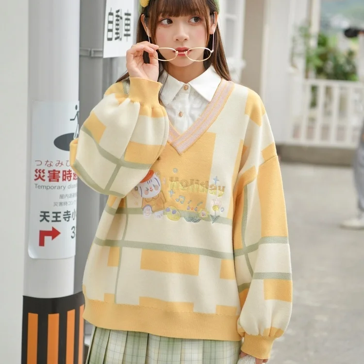 

Japanese Yellow Cartoon Bear Embroidery Sweater Student Girls Loose V-neck Preppy Pullover Harajuku Korean Style Winter Y2K Tops