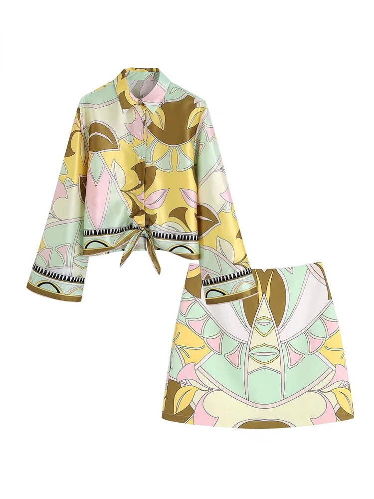 

NEW IN 2022 Spring New Fashion Bow Print Blouses Vintage Long Sleeve Button-up Female Shirts Blusas Chic Tops + Short Skirt Suit