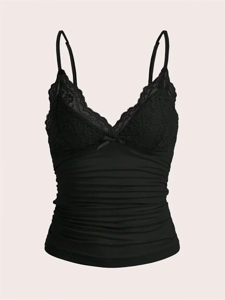 Sexy Contrast Lace Bow Front Crop Cami Top Women 2025 Summer Grunge Punk Y2K Clothes Ruched Skinny Backless Tee Shirt