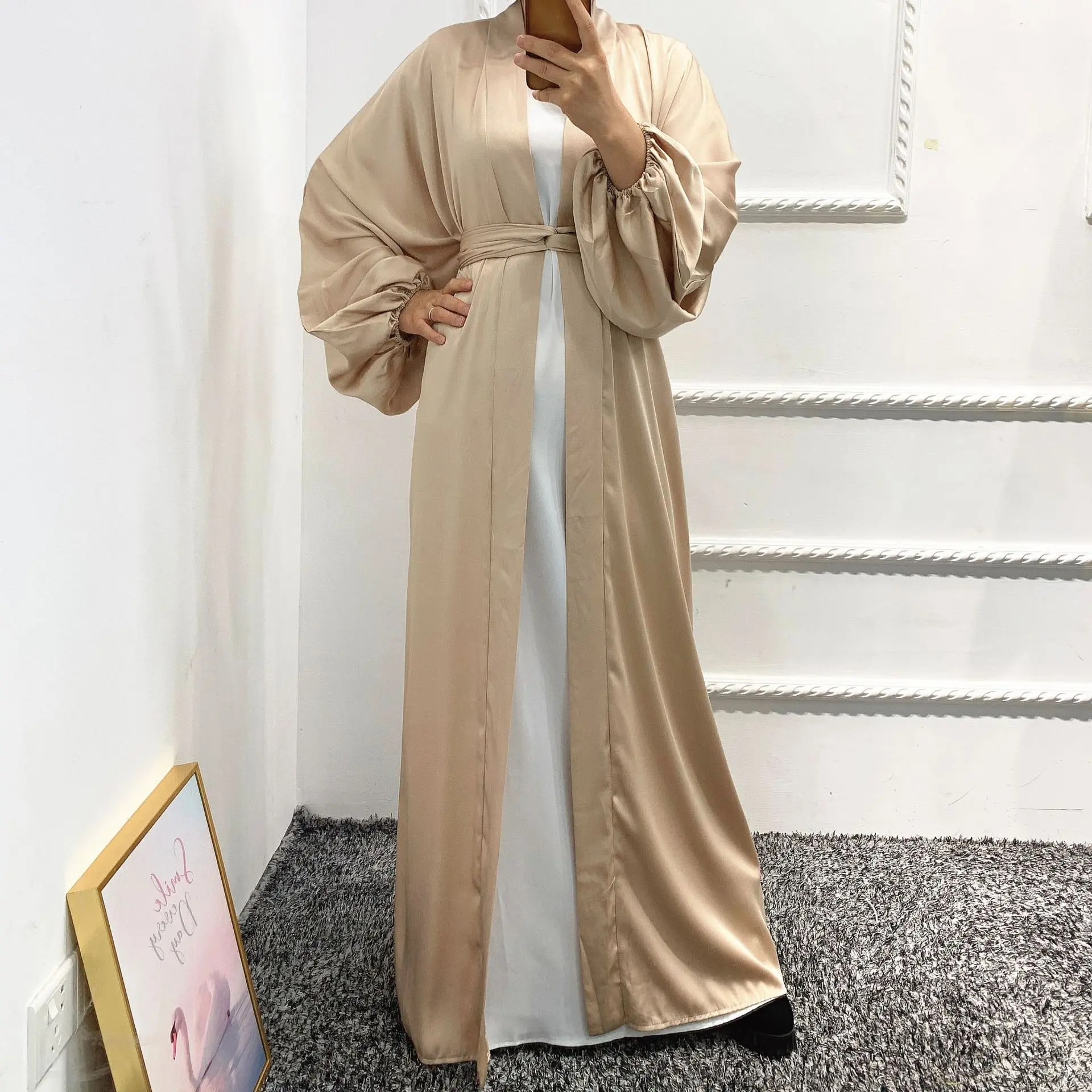 Женское свободное платье со шнуровкой, однотонный хиджаб с пышными рукавами, кафтан, кафтан, ушанская мусульманская одежда, Рамадан, абайя, ...