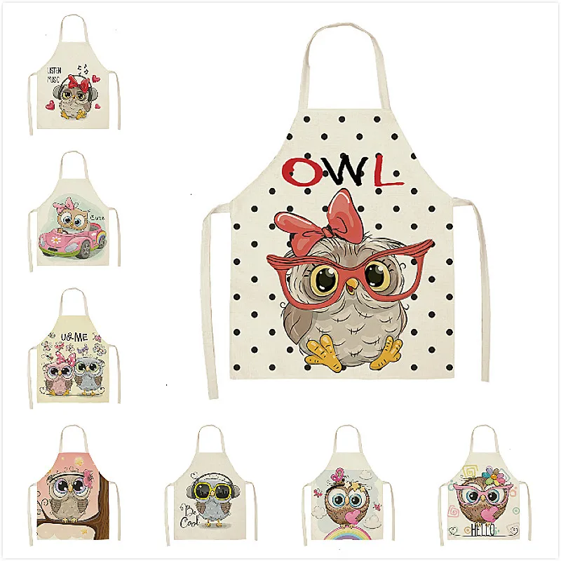 

1pcs Owl Flower Printed Sleeveless Cotton Linen Apron Kitchen Brief Pinafore Women Home Cooking Baking Waist Bib 2 Size Delantal