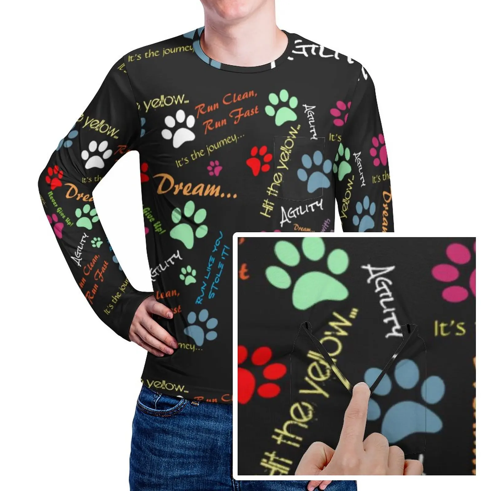 

Быстрая Футболка Dog Run с карманом, разноцветные женские футболки с принтом лап, Веселая футболка с длинным рукавом, графические футболки