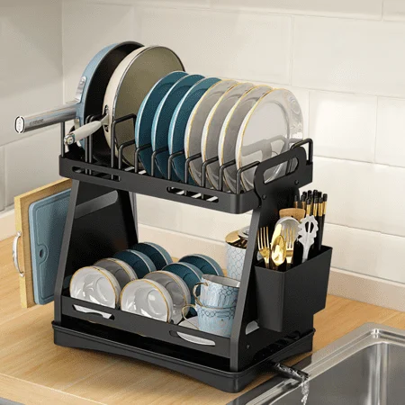 

2 Tier Dish Racks for Kitchen Counter, Dish Drying Rack Drainboard Set, Stainless Steel Dish Rack with Drainage, Knives Holder,