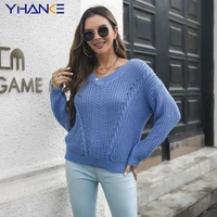 women knitted sweaters and pullovers casual long sleeve women warm v neck fall jumper korea twist female solid pull blue sweater