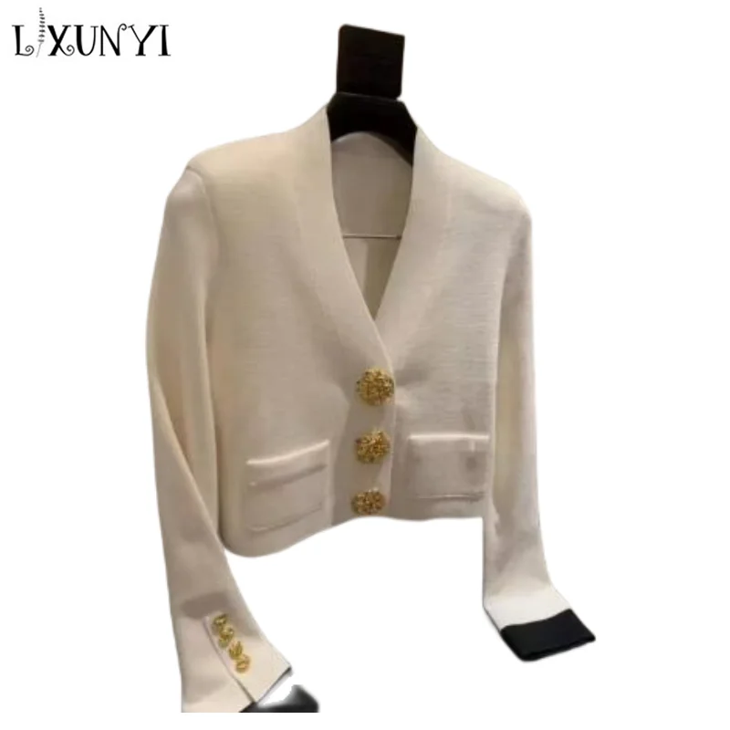 

LXUNYI Elegant Formal Knitting Cardigan Women 2023 Spring Autumn Korean Pockets Design Metal Buttons V Neck Knitted Sweater