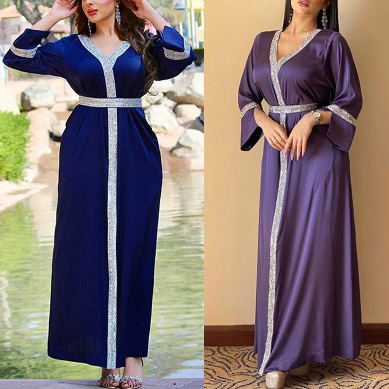 Women Muslim Satin Maxi Dress for rhinestone Belted Turkey Arabic V-Neck Kaftan