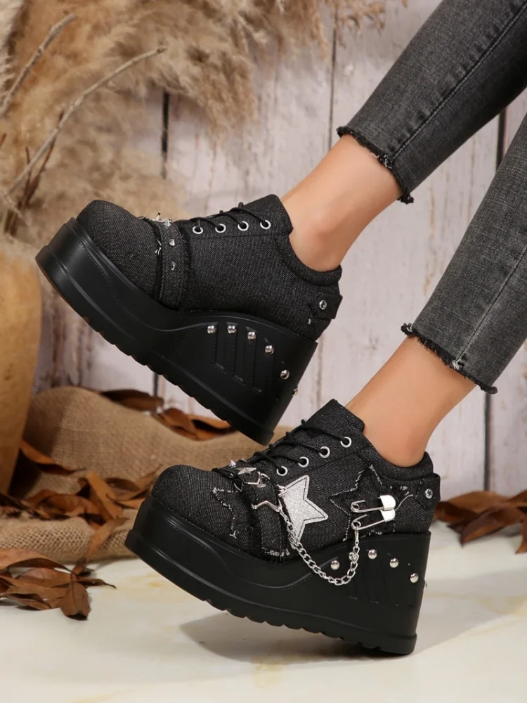 Новые джинсовые туфли на толстой подошве с высокой посадкой шнуровке большие