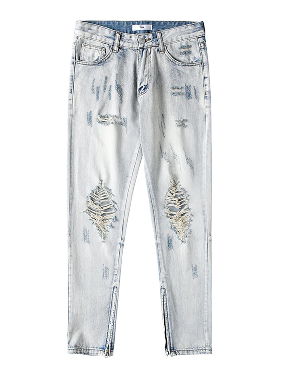 Four Seasons Men's Jeans American High Street Washed Ripped Slim Fit Hem Zip Trousers Y2k Men Jeans Streetwear Men Ins Hot Sale