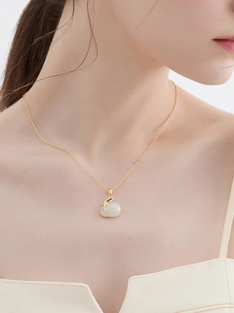 Hetian Jade Rabbit Necklace for Women 925 Silver 2024 New Popular Light Luxury Cute Choker