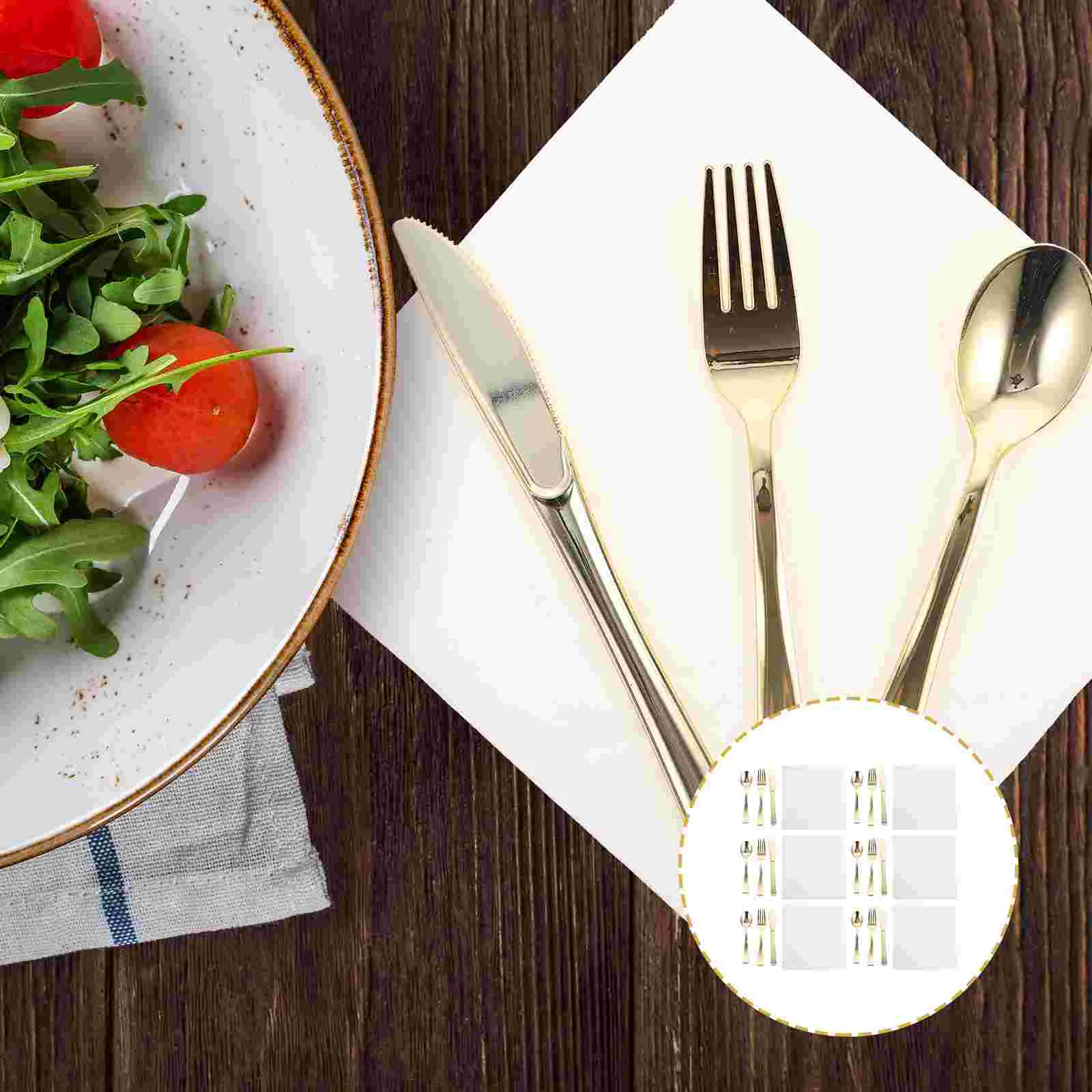 

Set Cutlery Kit Flatware Disposable Fork Party Utensils Spoongold Tablewarepre Rolled Napkinkitchen Steak Dinner