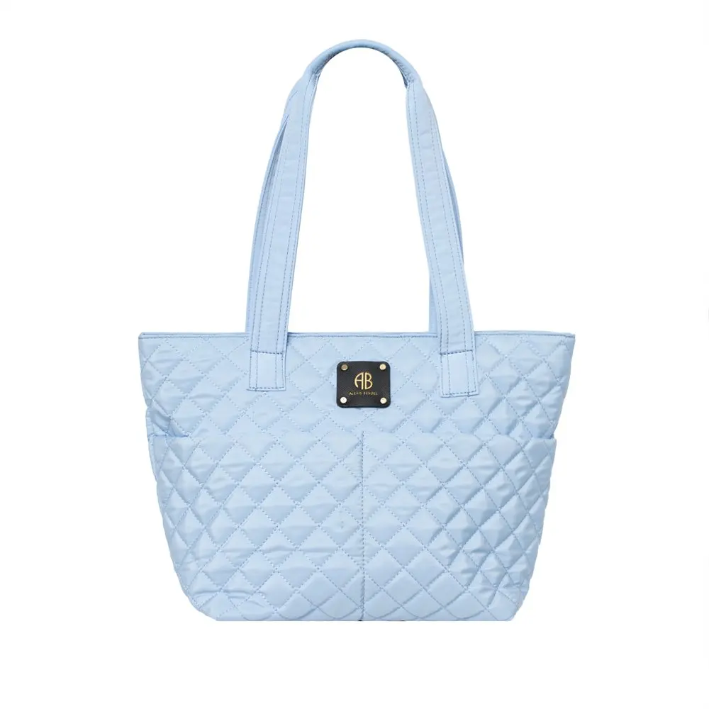 Women’s Large Quilted Nylon Zipper Tote Handbag With Dual Top Handles Blue