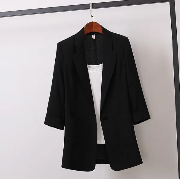 V-neck Black White Black Women Blazer 2022 New Thin Summer Blazers Lady Office 1/2 Sleeve Sheer Suit Jackets Coat Loose Tops