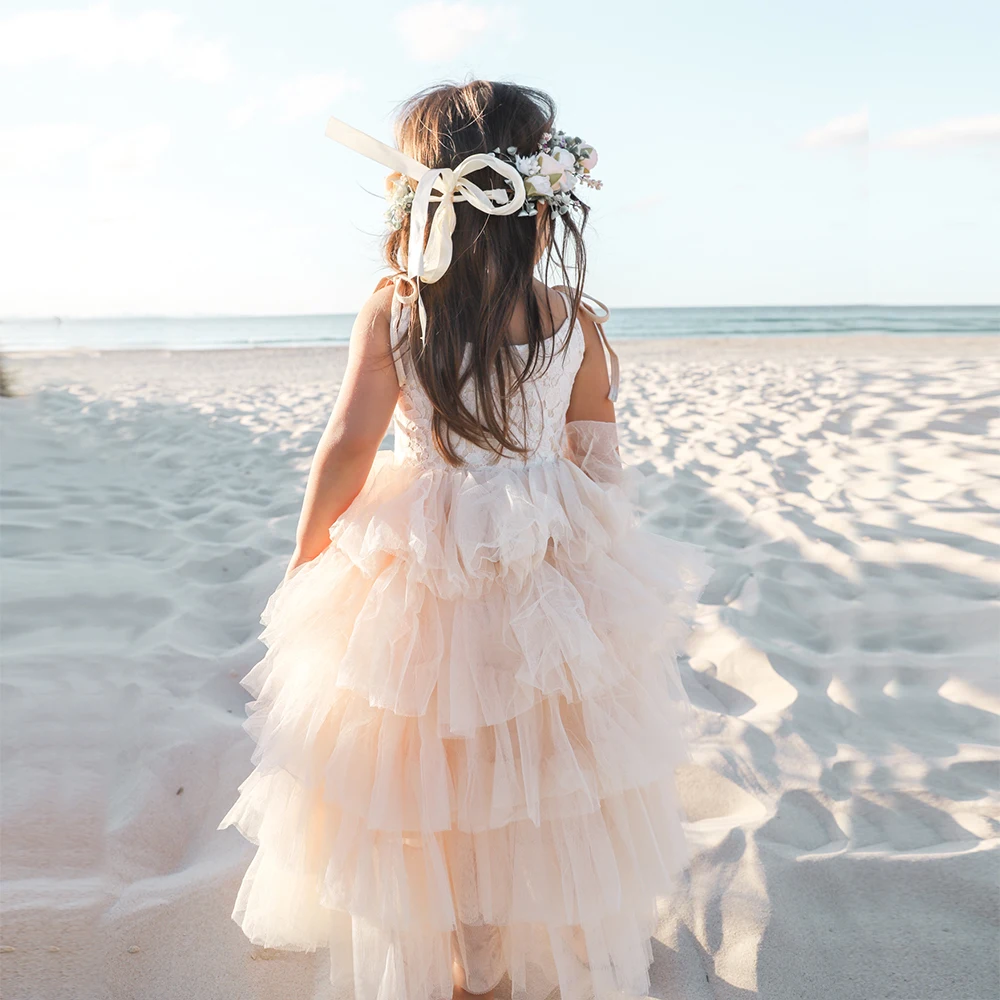Kids Summer Clothes Baby Lace Wedding Dress Children Clothing Layered Tutu for Birthday Beach Party | Детская одежда и обувь