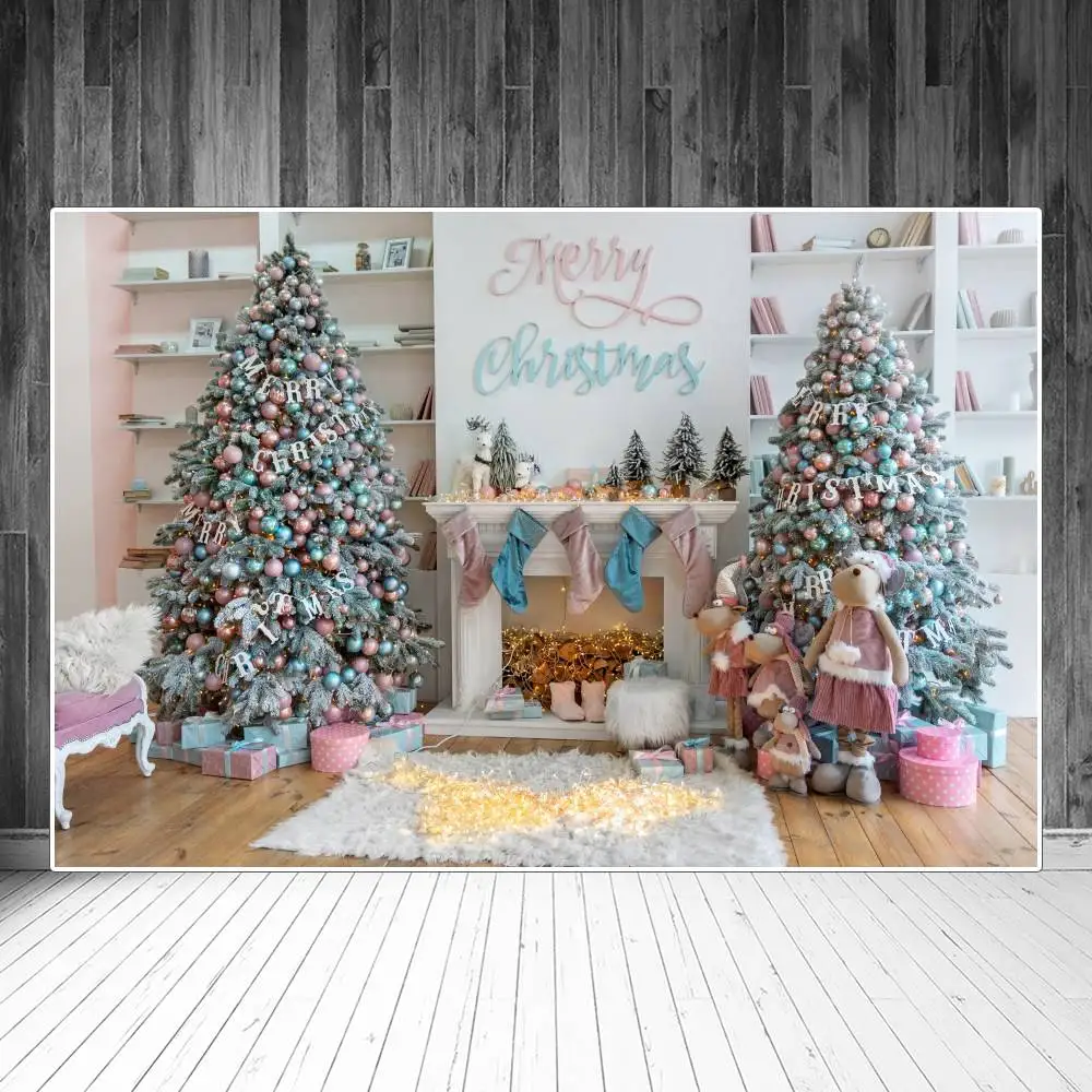 Christmas Tree Toy Gift Fireplace Shelf Wall Interior Photography Backgrounds Custom Baby Party Decoration Photo Booth Backdrops