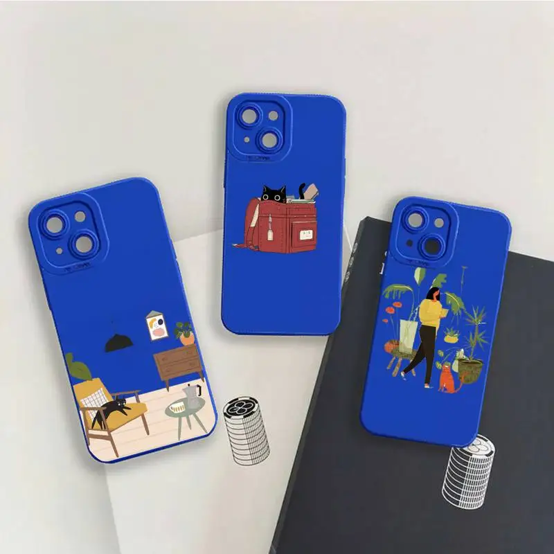 

cat painting girl Cartoon cute Phone Case For iPhone 13 12 11 Pro MAX Mini X XS XR 7 8 Plus Liquid Silicone Klein Blue