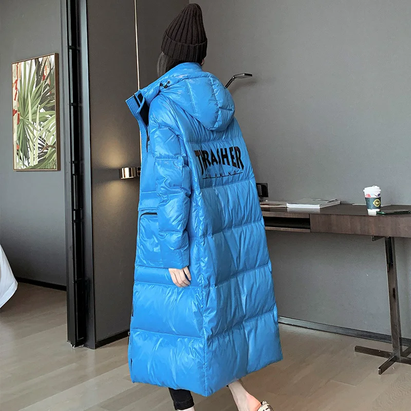 

Glossy Women's Down Jacket Women's Winter Fashion Loose White Duck Down Jacket Thick Warm Hooded Long Parka Coat Women 2022