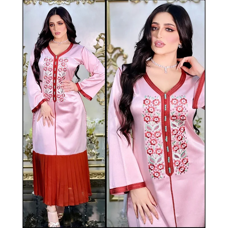 Женское платье, элегантное розовое арабское платье контрастных цветов с вышивкой в мусульманском стиле, Средний Восток