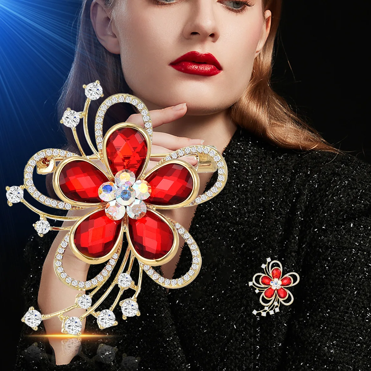 Exquisite Red Crystal Flower Brooch Feminine Fashion Zircon Plant Pin and Brooch for Woman Birthday Gift Accessories Wholesale