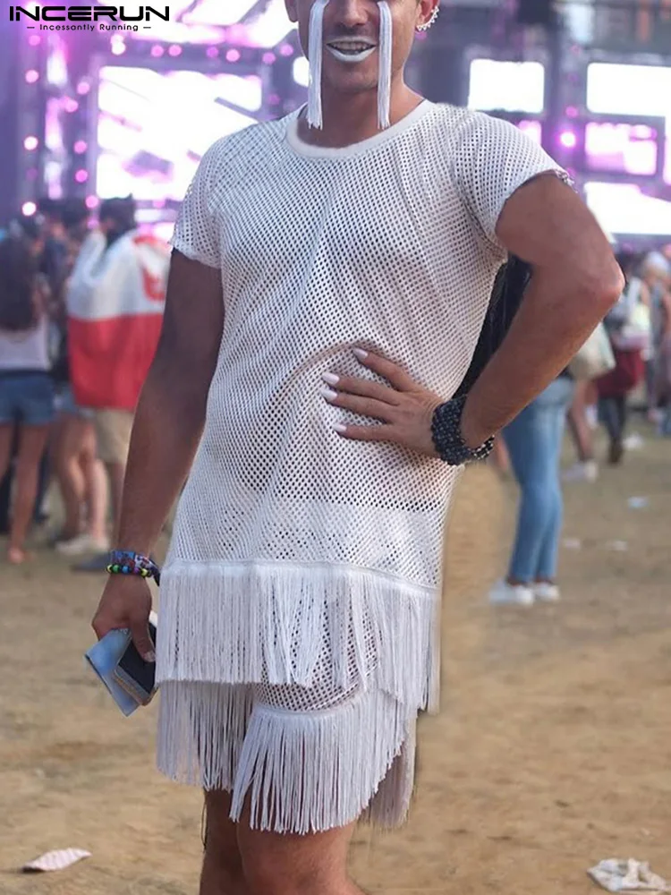 

Мужская футболка с бахромой, сетчатая Просвечивающая уличная одежда 2022, футболки с круглым вырезом и коротким рукавом, летние сексуальные м...