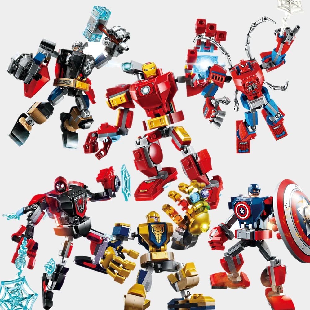 

Disney Iron Man Heroes Marvel Avengers Spiderman Peter Miles Mecha Thor Thanos Armor Model Building Block Bricks Toys Boys Kid