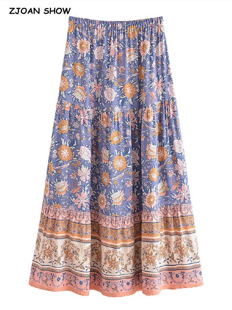 

2202 BOHO Blue Contrast Color Flower Print Long Skirt Stitching Ruched Ruffle Hem Holiday Women Elastic Waist Swing Skirts Beach