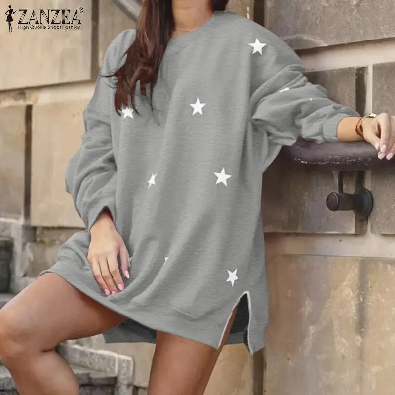 

ZANZEA Women Printed Sweatshirts Oversized Casual Solid Loose Pullovers Outwears 2022 Spring Autumn Long Sleeve Baggy Tops Wears