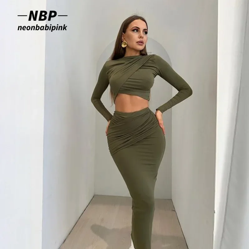 

NEONBABIPINK Long Sleeve 2 Piece Set Skirt and Top Elegant Women Clothing Fall Winter Outfits Green Cross Bodycon Dress N96-CG34