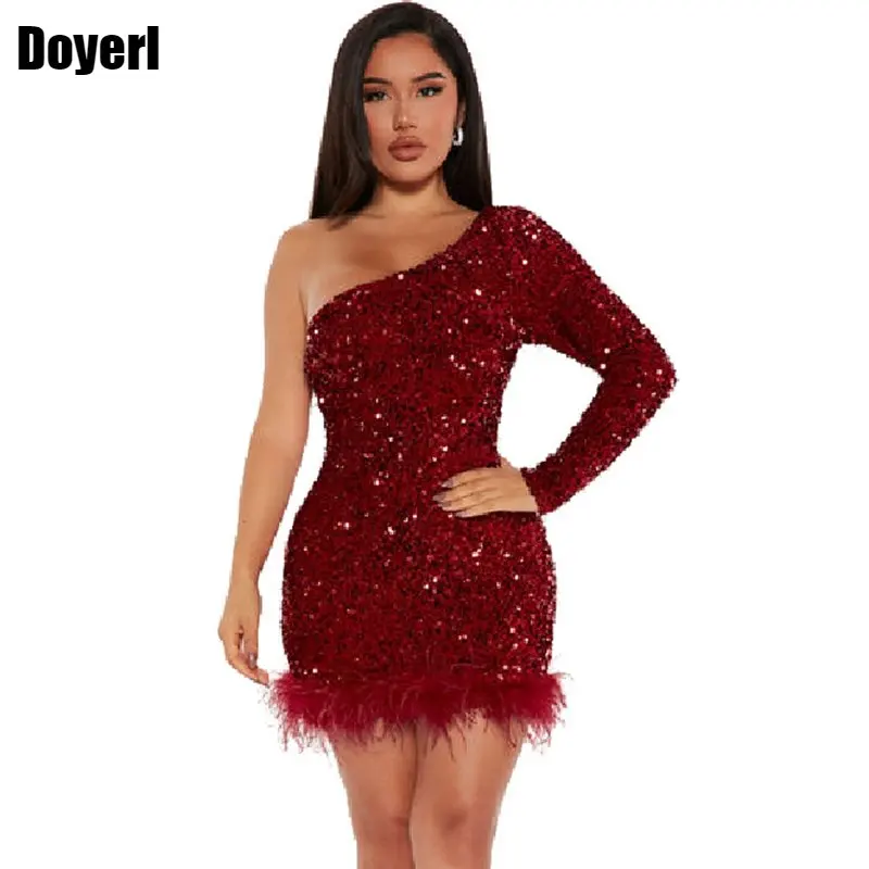 

One Shoulder Evening Sequin Dress for Women Event Party Night Sexy Bodycon Mini Dress Classic Feather Sparkly Birthday Dress