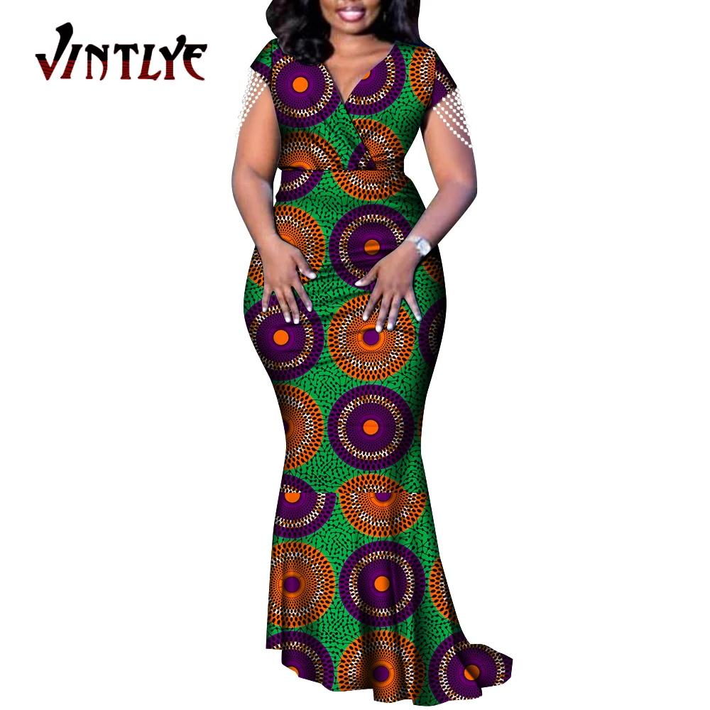 Африканский стиль элегантных вечерних платьев Ankara Fashion с цветочным принтом, V-образным вырезом, складками, жемчужной отделкой и нарядом Dashiki WY9198.