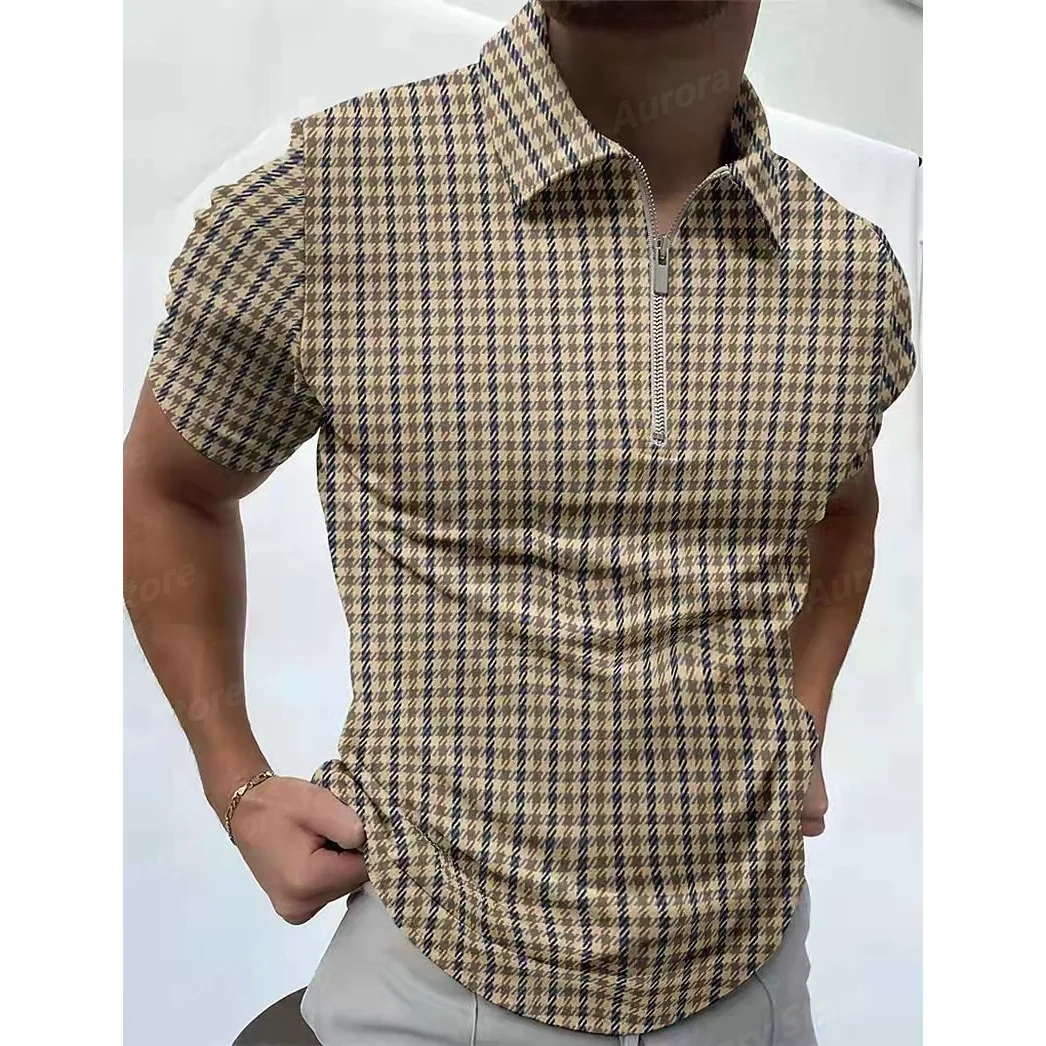 

Summer Men's Solid Color Polo Shirt Casual Plaid Stripes Tops&Tee Vintage Clothing Lapel Zipper Fashion T-Shirt Male Streetwear