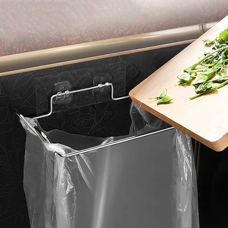 

Kitchen Trash Silver Rack Cabinet Door Garbage Bag Holder Stainless Steel Closet Garbage Storage Holder Home Storage Supplies