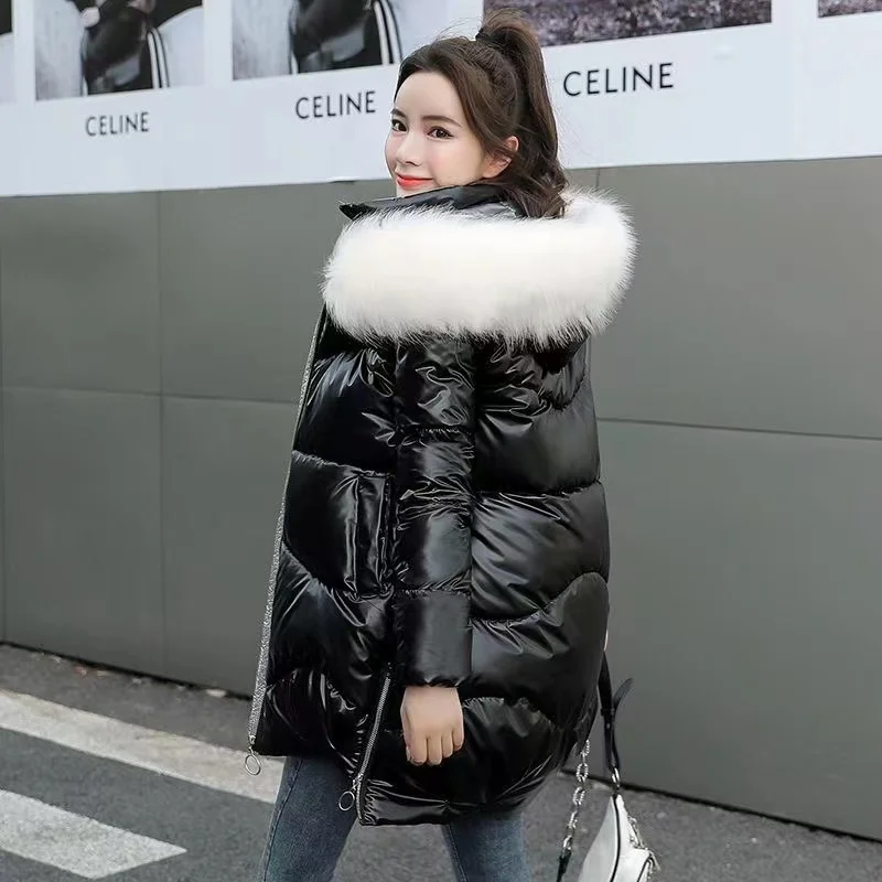 Disposable Down Jacket Bright Cotton Coat Mid-length Winter Loose Thickened Hooded Coat