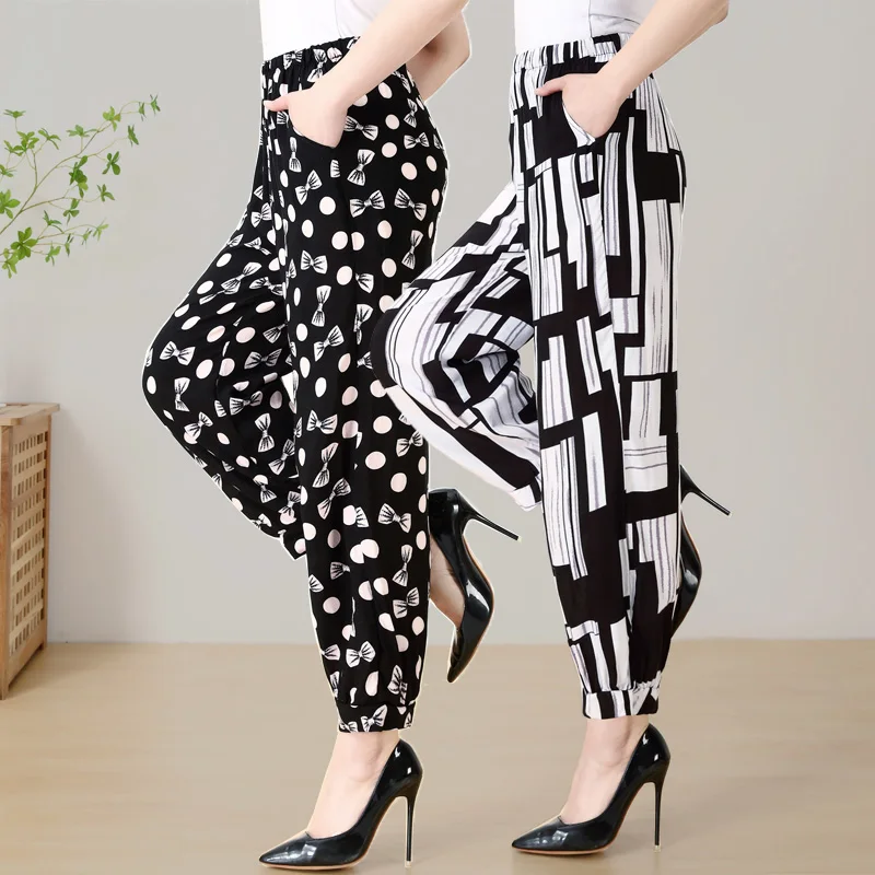 2023 Summer Pants Female Casual Plus Size Print Pants Woman Vintage Elastic Waist Streetwear Trousers