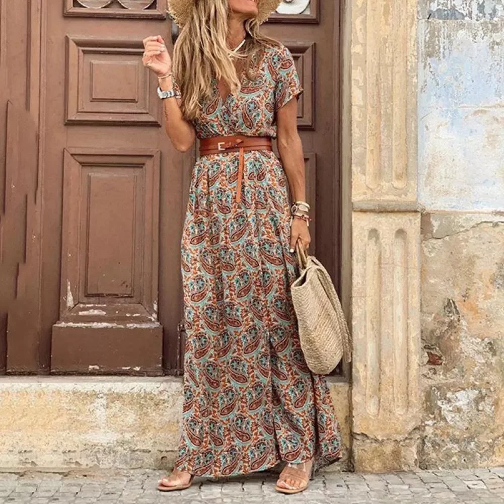 

Boho Long Dress Women Vintage Paisley Print V-Neck Beach Style Maxi Dress Elegant Short Sleeve Belted Split Dress Robe