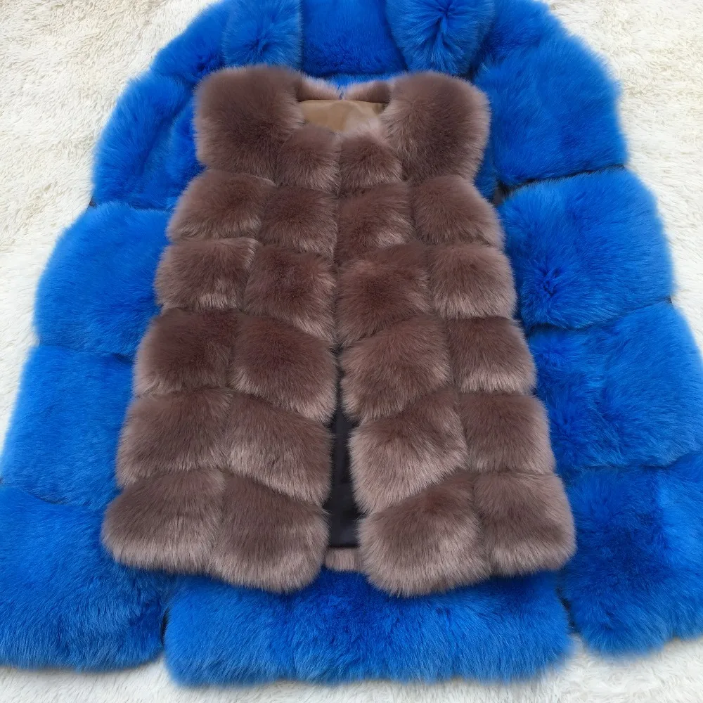 Winter Real Sliver Fox Sleeveless Fur Vest Women Fashion Solid Medium Long Artifical Fox Fur Vests Girls Warm Fake Fox Fur Coats