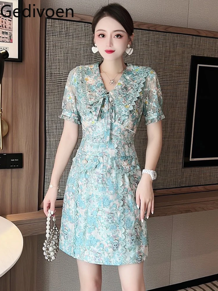 

Gedivoen High Quality Summer Women Fashion Runway Party Mini Dress Short Lantern Sleeve Lace Hem Floral Print High Waist Dresses