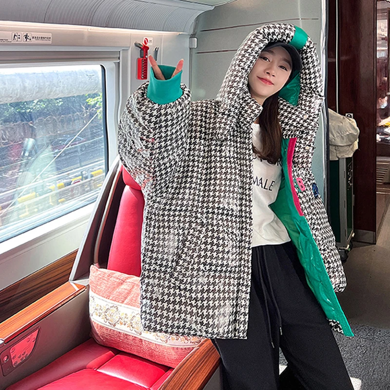 Winter Houndstooth Hooded Puffer Jackets Womens Korean Fashion Trends Chic Streetwear Teenage Girls Loose Fit Padded Warm Coats