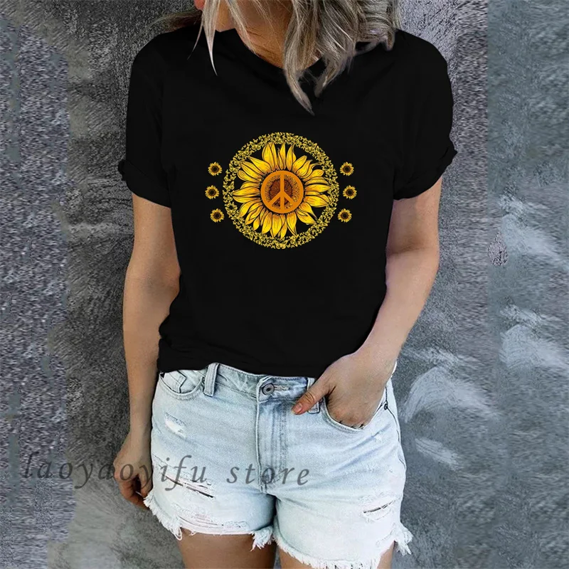 

Sunflower Bee Kind Yellow Women Tshirt Ladies Harajuku Aesthetic Tops Fashion Graphic Tshirts Polyester Shirt Oversized T Shirt