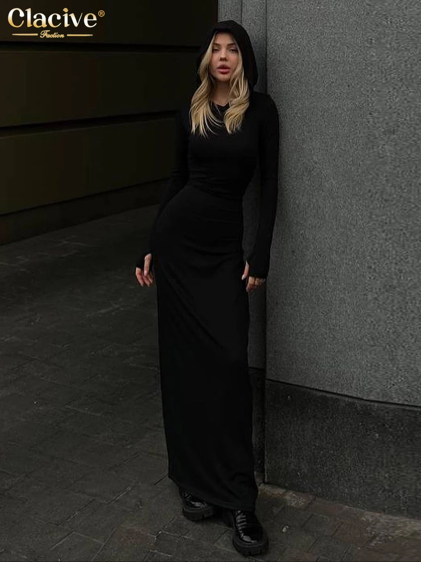 

Clacive Bodycon Black Knit Women Dress 2024 Fashion Slim Hooded Long Sleeve Ankle Length Dresses Elegant High Waist Female Dress